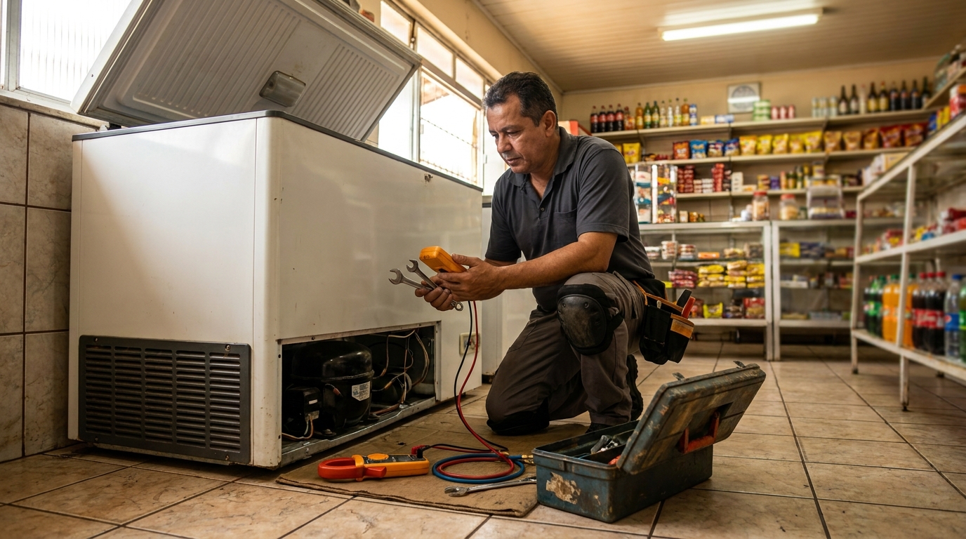 Técnico realizando manutenção de motor de freezer em Mogi das Cruzes‑SP