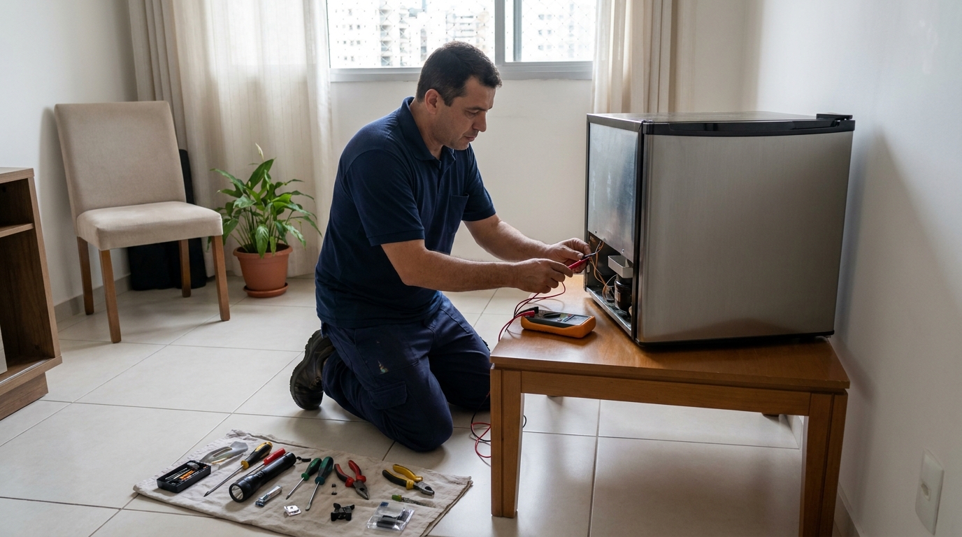 Técnico realizando manutenção de motor de frigobar em Mogi das Cruzes‑SP