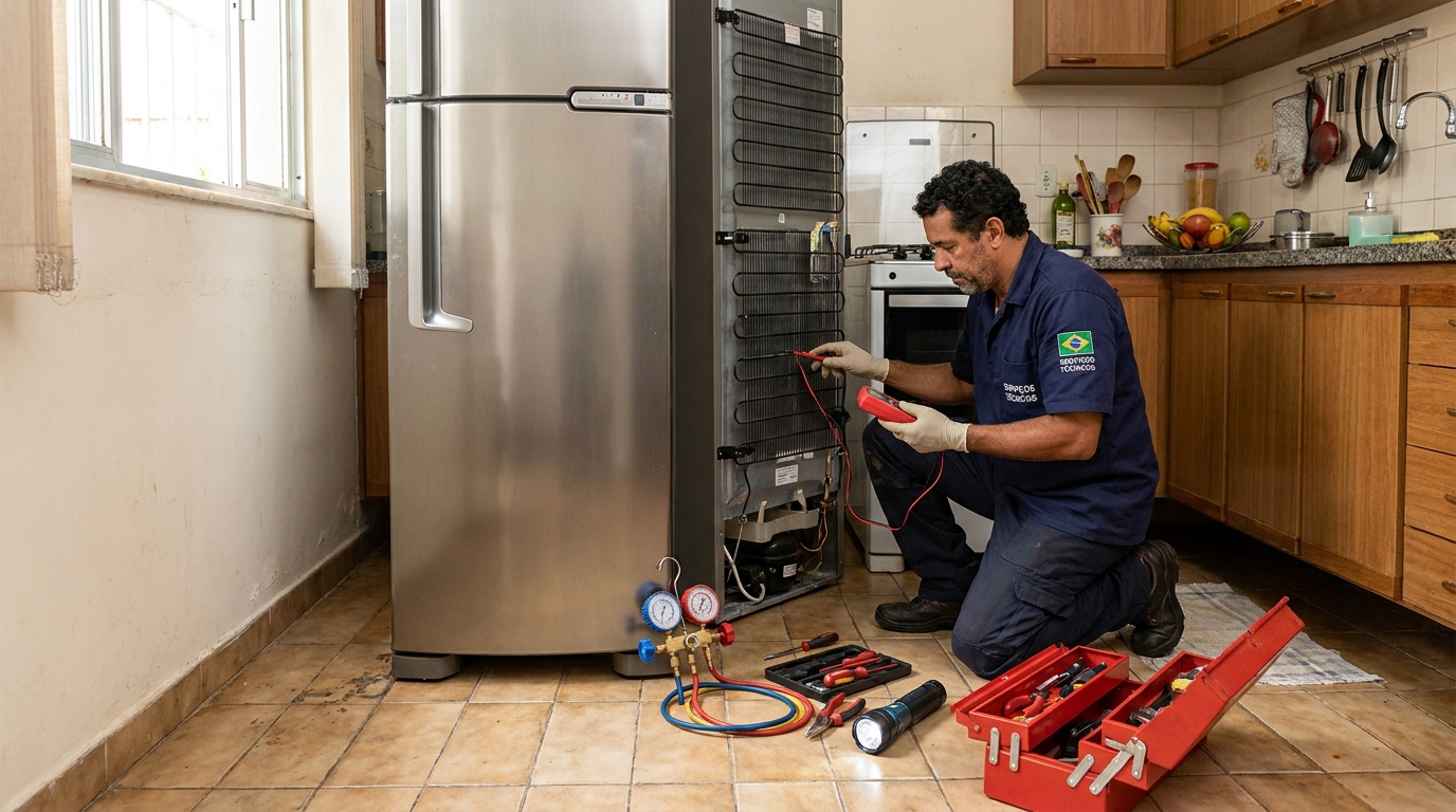 Técnico realizando manutenção de motor de geladeira em Mogi das Cruzes‑SP