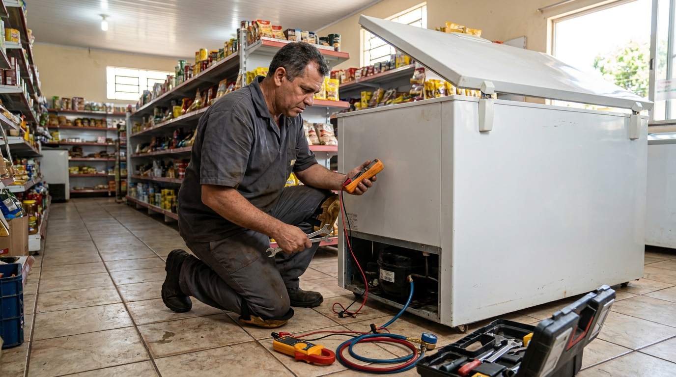 Troca de termostato de freezer em atendimento técnico em Mogi das Cruzes‑SP